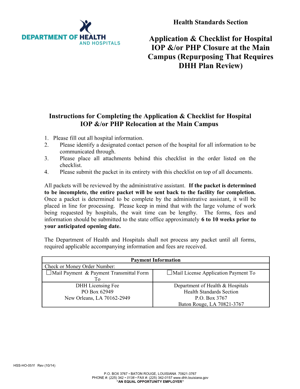 Instructions for Completing the Application & Checklist for Hospital IOP &/Or PHP Relocation