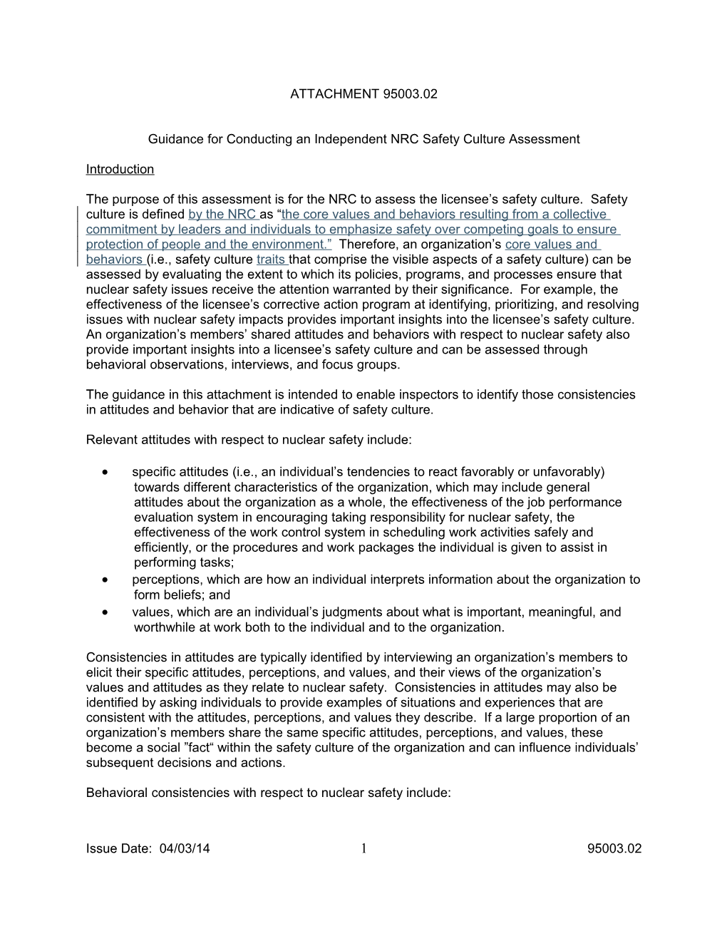 Guidance for Conducting an Independent NRC Safety Culture Assessment