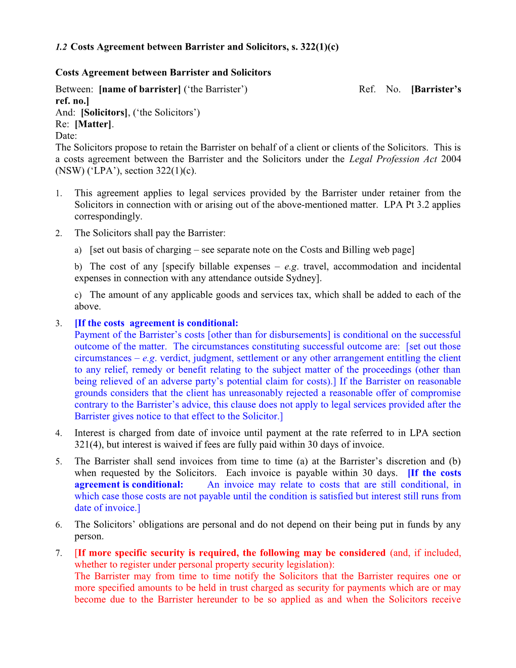 Costs Agreement Between Barrister and Solicitors