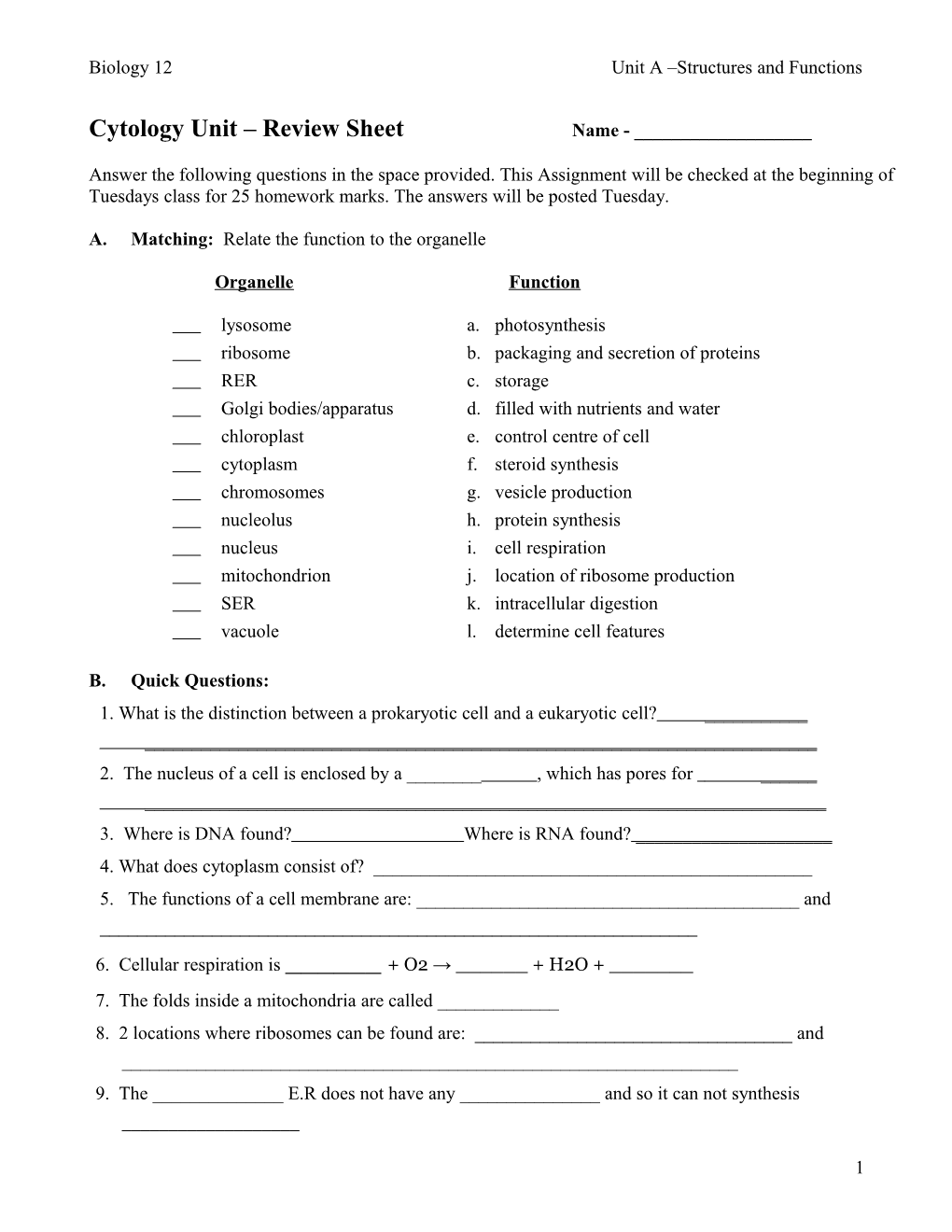 Cytology Unit Review Sheet
