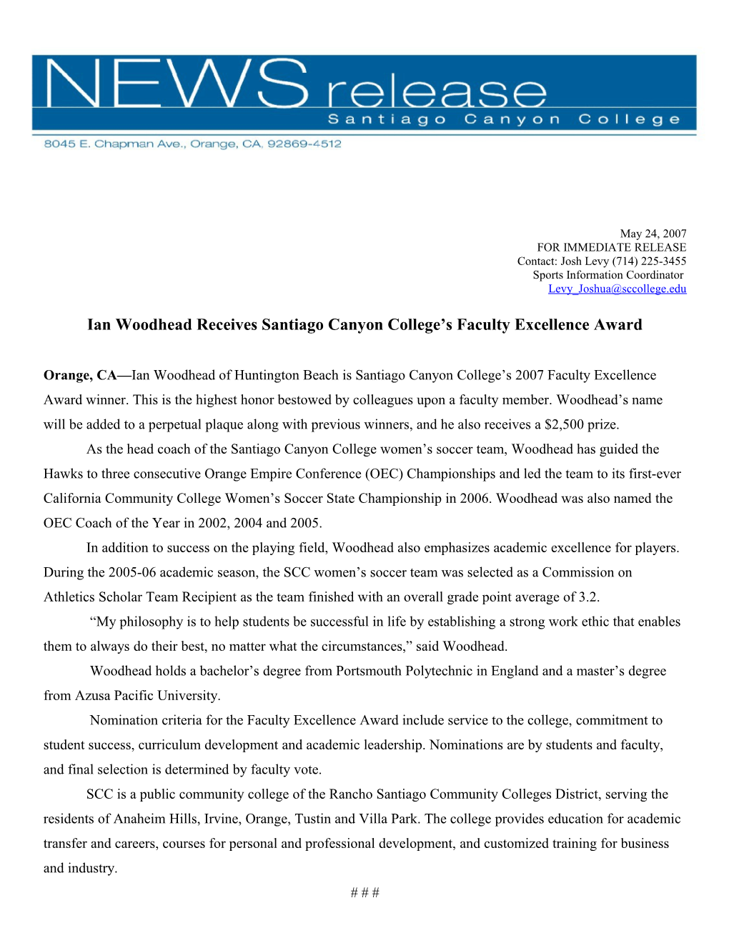 Woodhead Wins 2007 Faculty Excellence Award