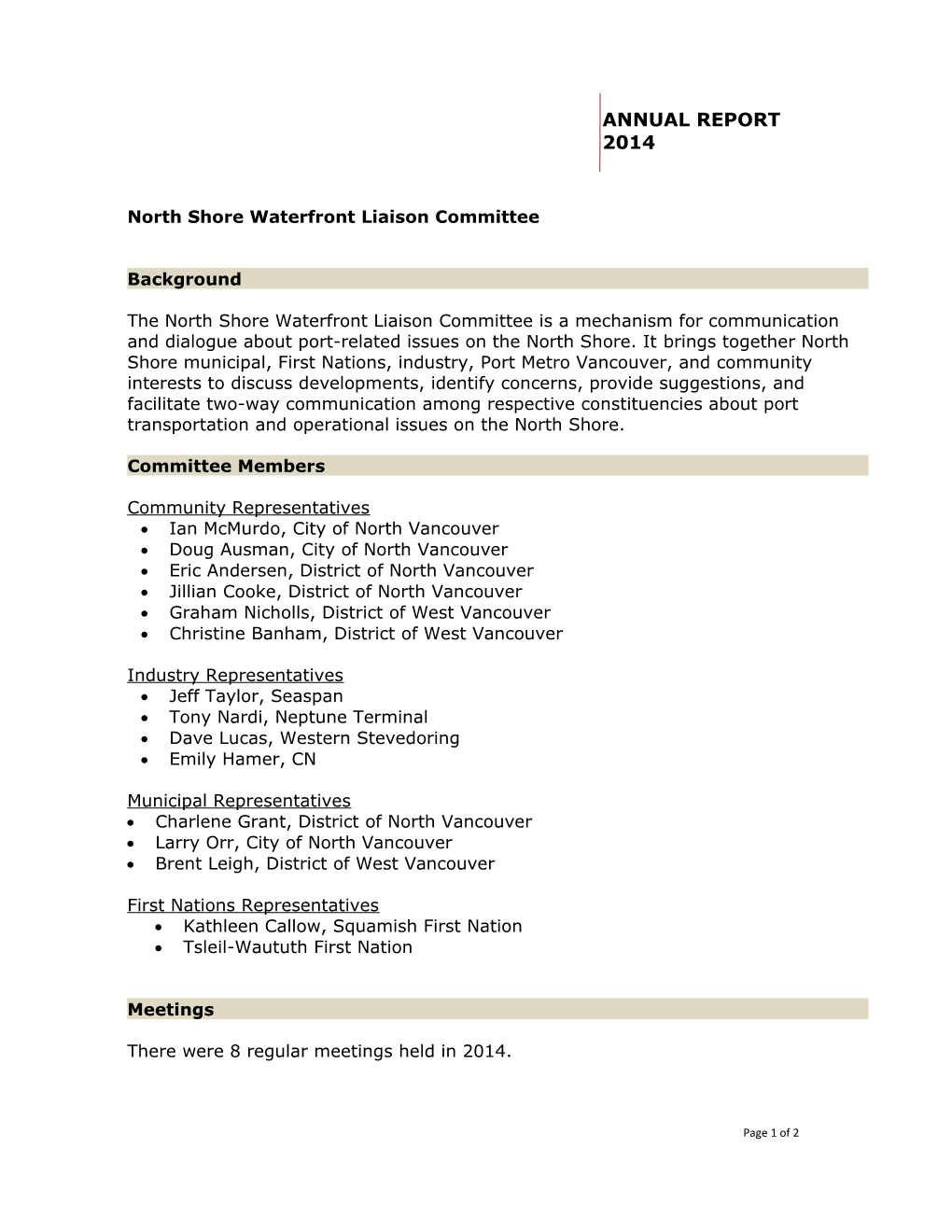 North Shore Waterfront Liaison Committee Annual Report 2014