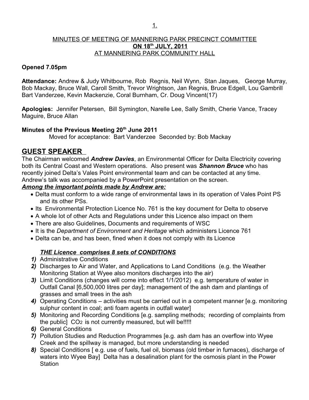 MINUTES of MEETING of MANNERING PARK PRECINCT COMMITTEE on 18Th JULY, 2011