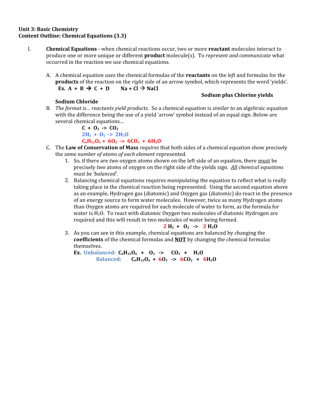 Content Outline: Chemical Equations (3.3)