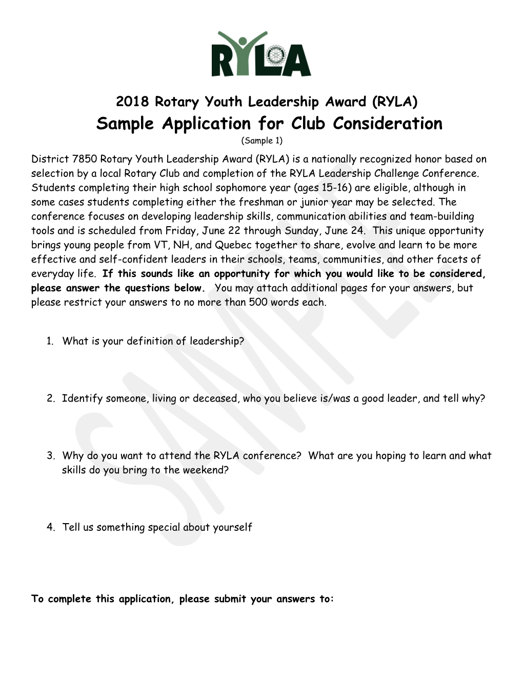 Rotary Youth Leadership Award (Ryla) Application