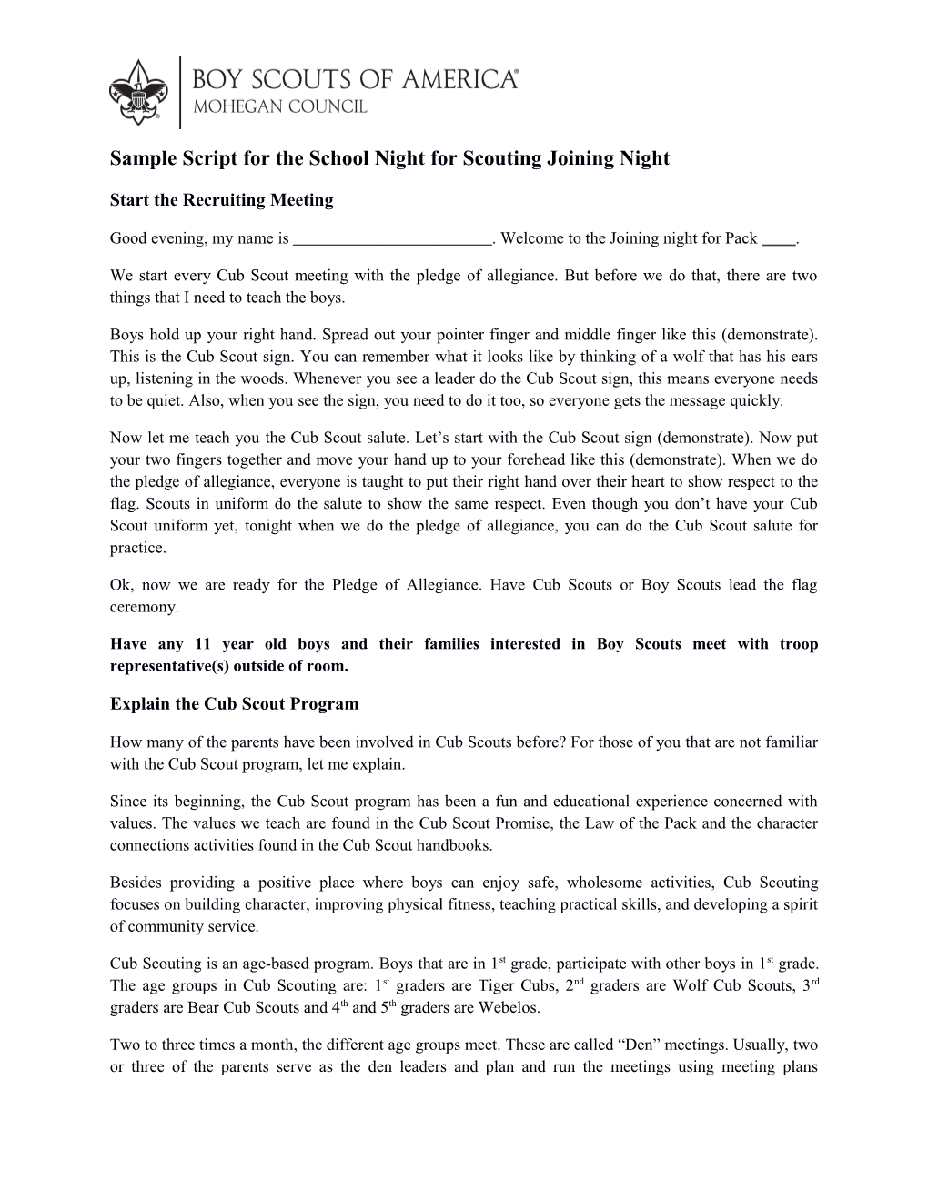 Sample Script for the School Night for Scouting Joining Night