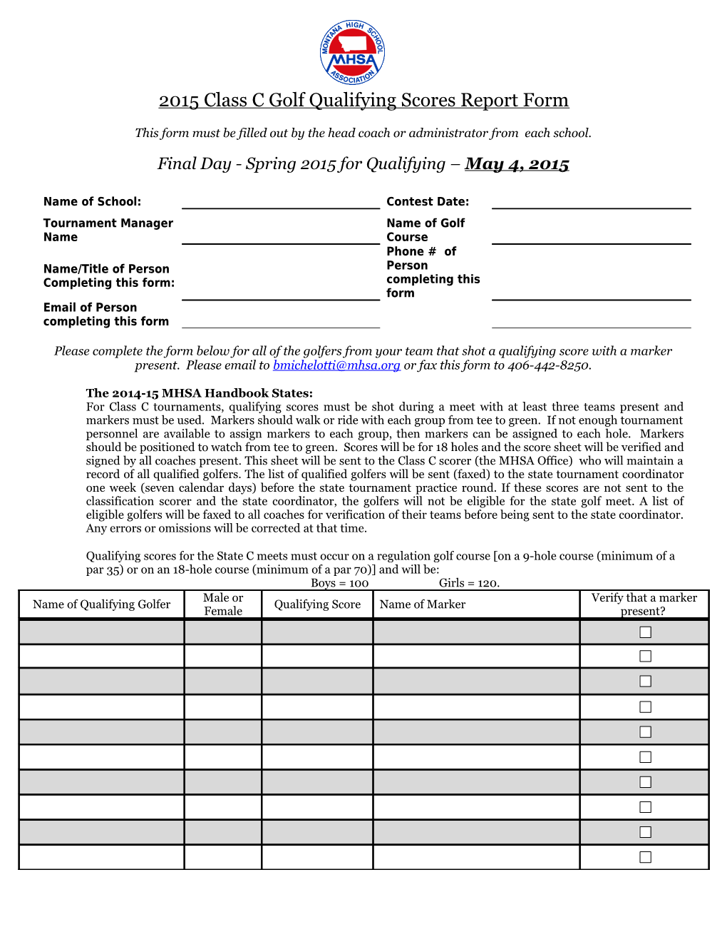 2015 Class C Golf Qualifying Scores Report Form