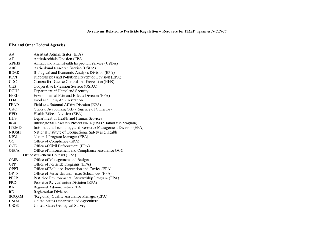 Acronyms Related to Pesticide Regulation Resource for PREP Updated 10.2.2017