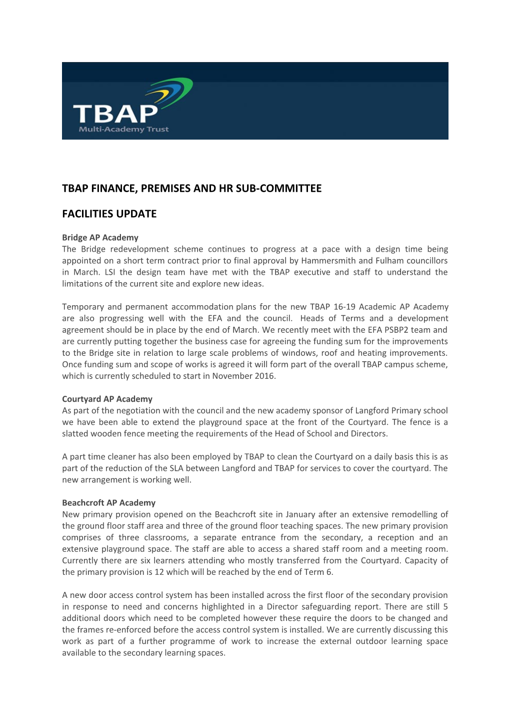 Tbap Finance, Premises and Hr Sub-Committee