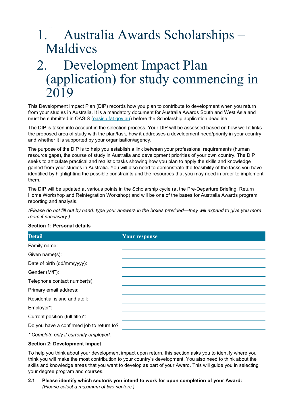 Development Impact Plan(Application)For Study Commencing in 2019