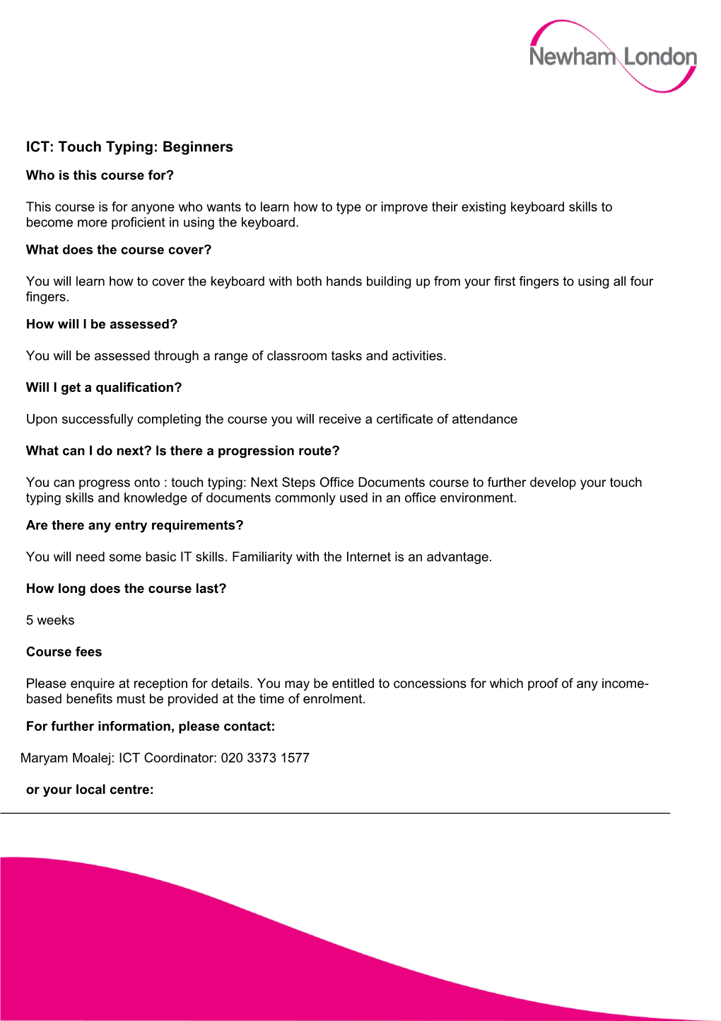Newham Adult Learning Service - Course Information Sheet