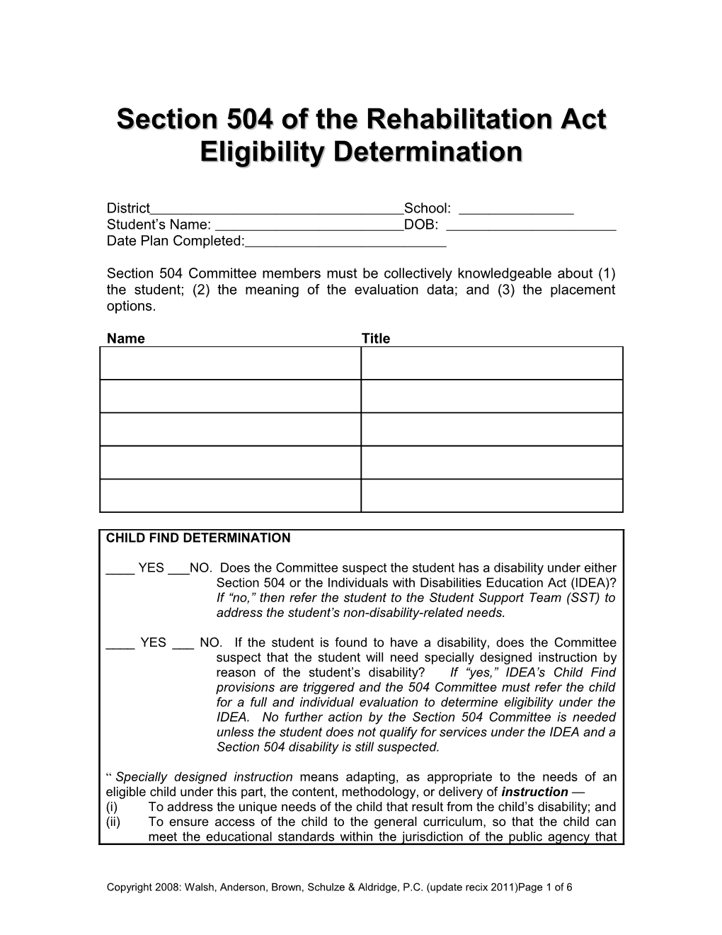 Eligibility Determination: Section 504/Ada