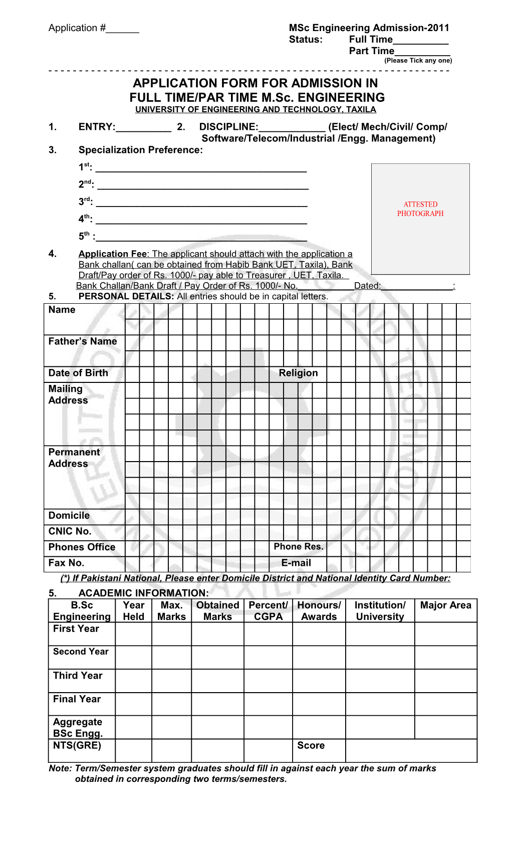 Application #______ Msc Engineering Admission-2011