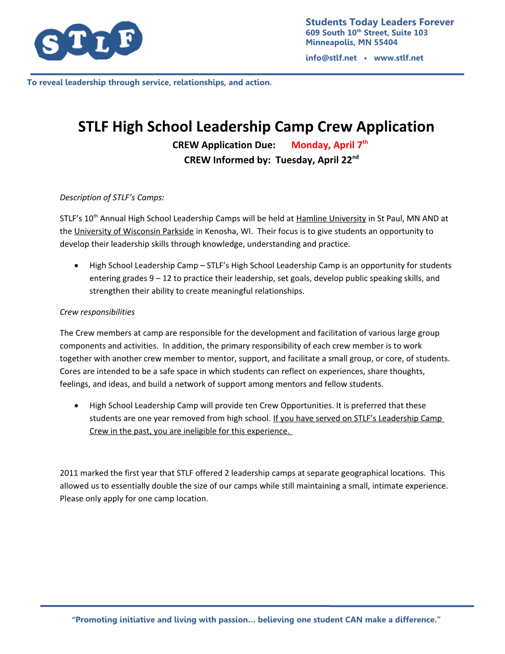 STLF S 10Th Annual High School Leadership Camps Will Be Held at Hamline University in St