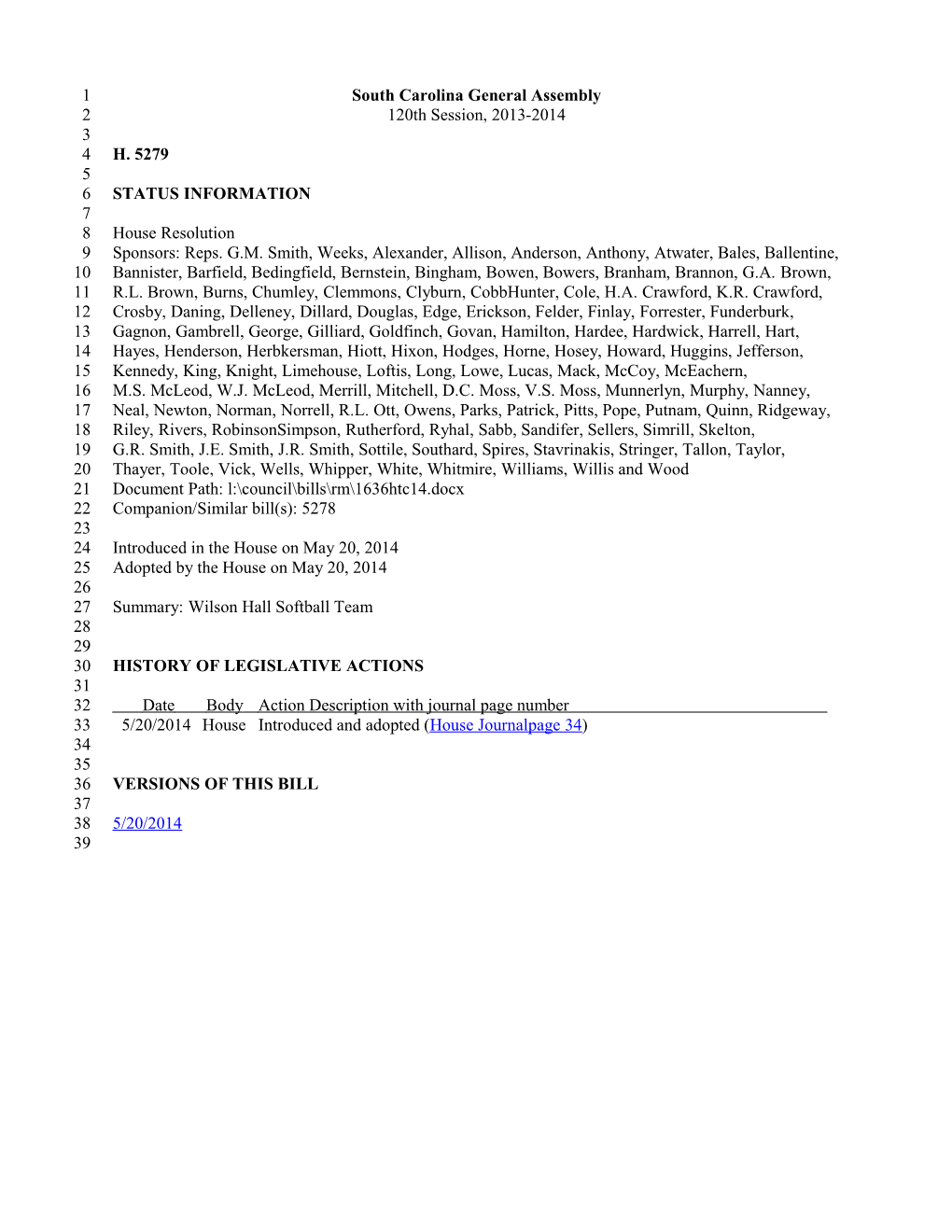 2013-2014 Bill 5279: Wilson Hall Softball Team - South Carolina Legislature Online