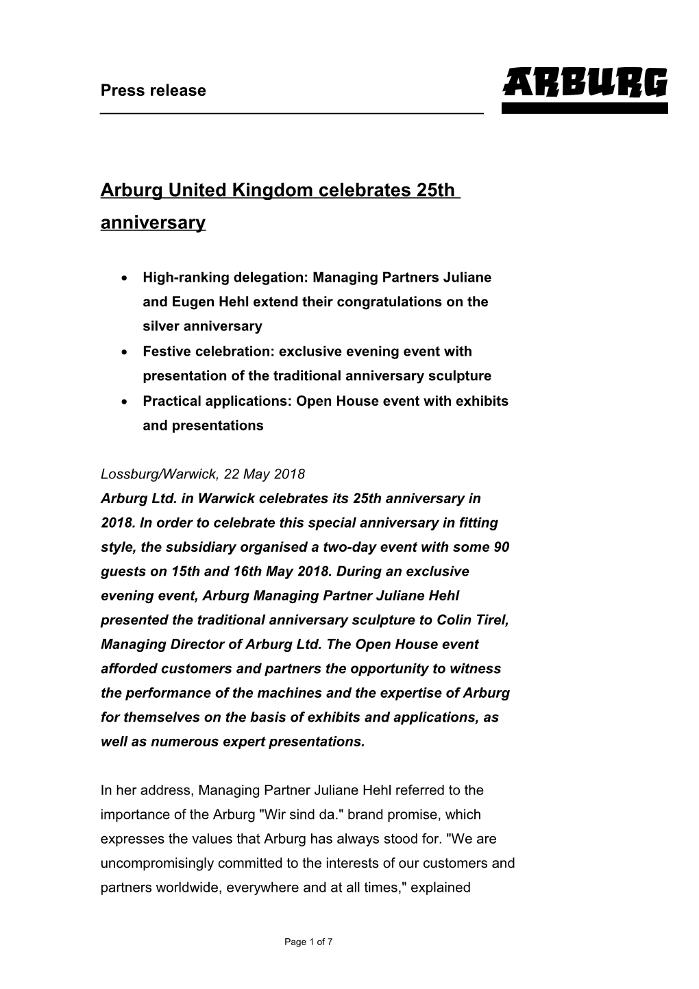Arburg United Kingdom Celebrates 25Th Anniversary