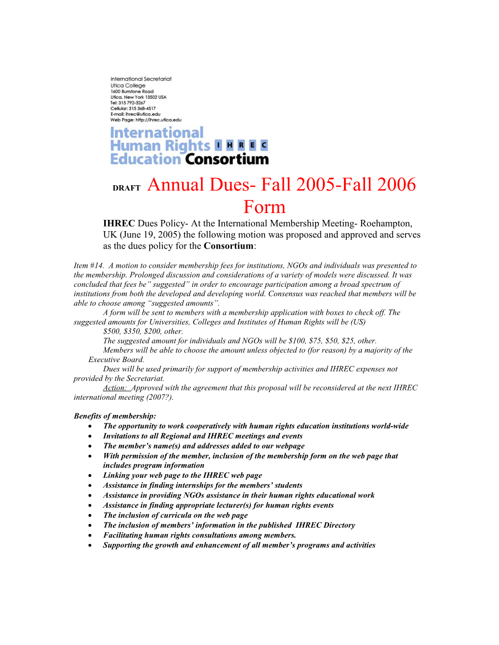 DRAFT Annual Dues- Fall 2005-Fall 2006