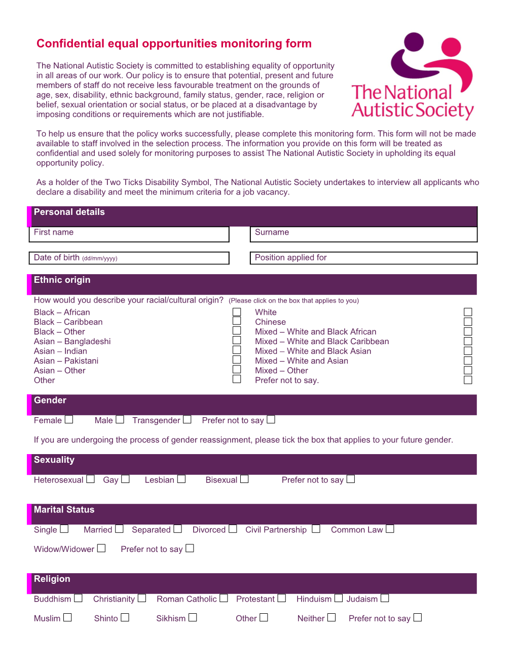 Confidential Equal Opportunities Monitoring Form