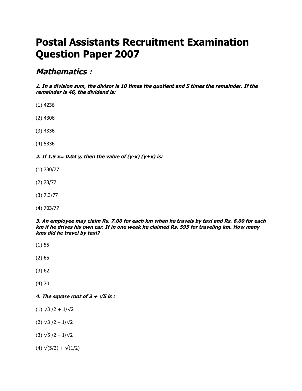 Postal Assistants Recruitment Examination Question Paper 2007