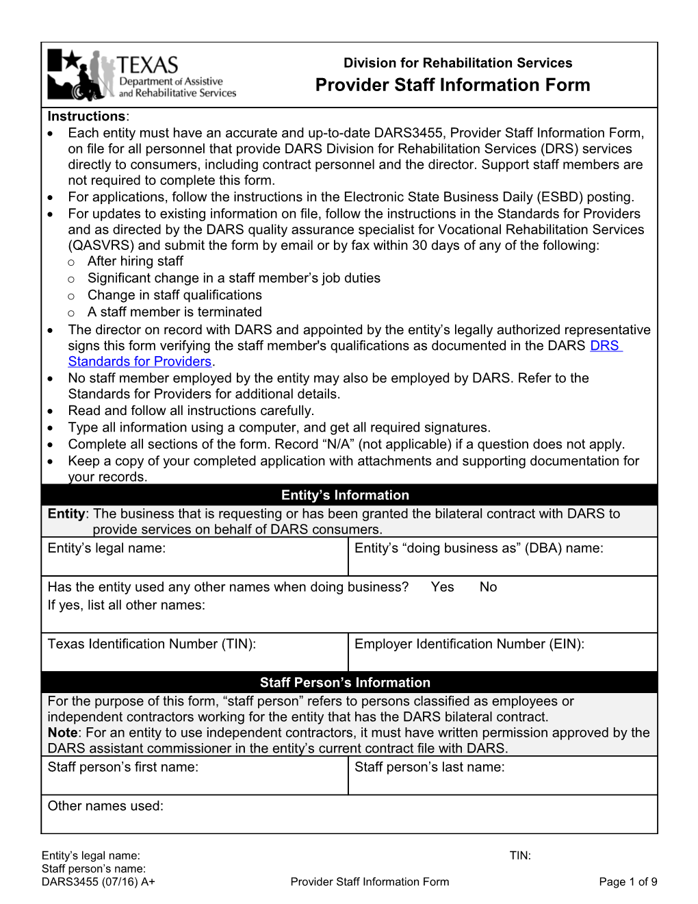 Provider Staff Information Form