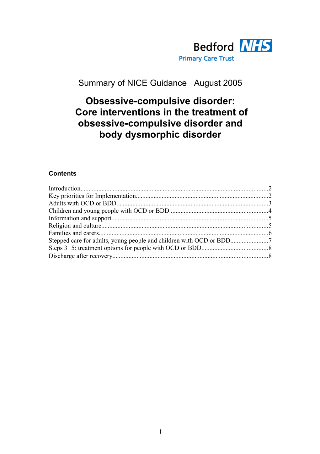 Summary of NICE Guidance August 2005