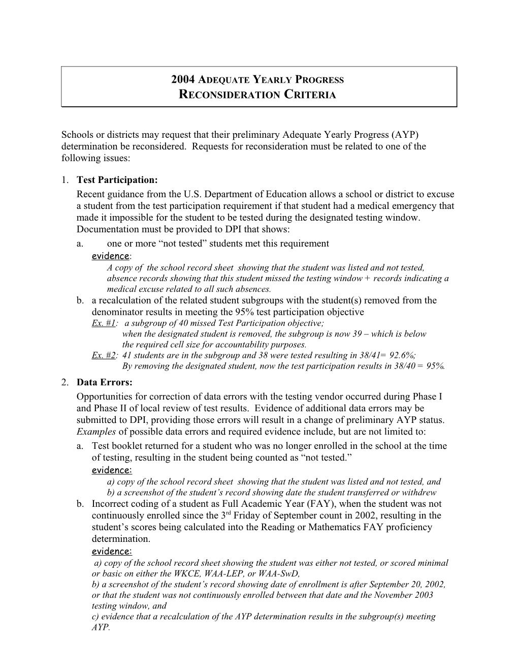 2004 Adequate Yearly Progress Reconsideration Criteria