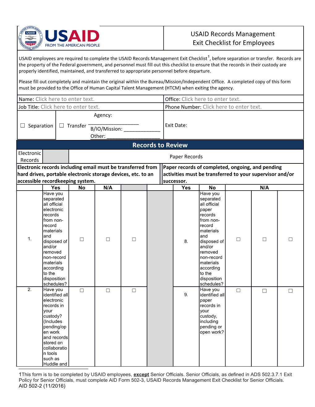 USAID Records Management Exit Checklist For Employees