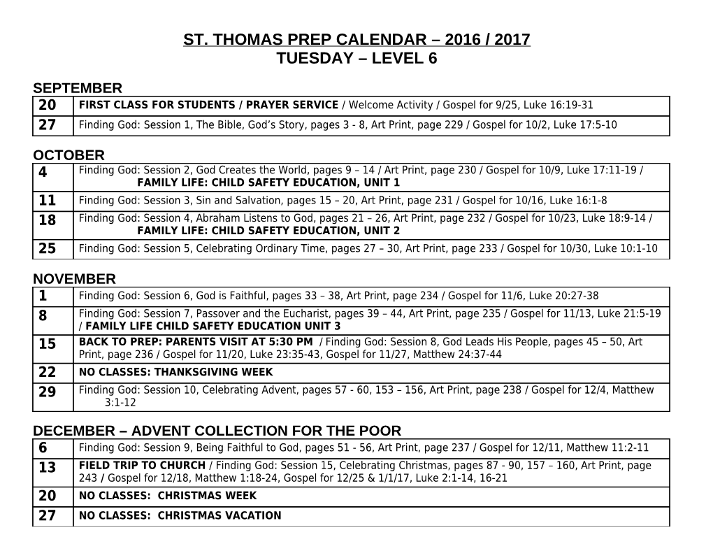 St. Thomas Prep Calendar 2016 / 2017