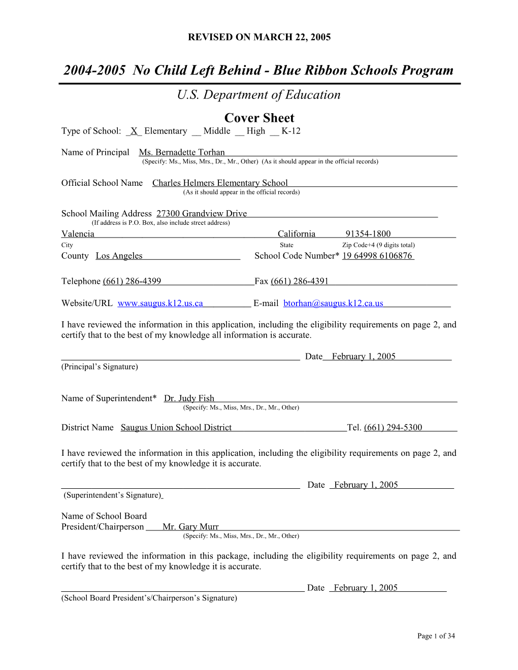 Charles Helmers Elementary School Application: 2004-2005, No Child Left Behind - Blue Ribbon