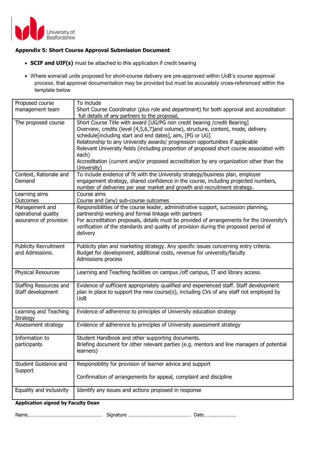 Appendix 5: Short Course Approval Submission Document