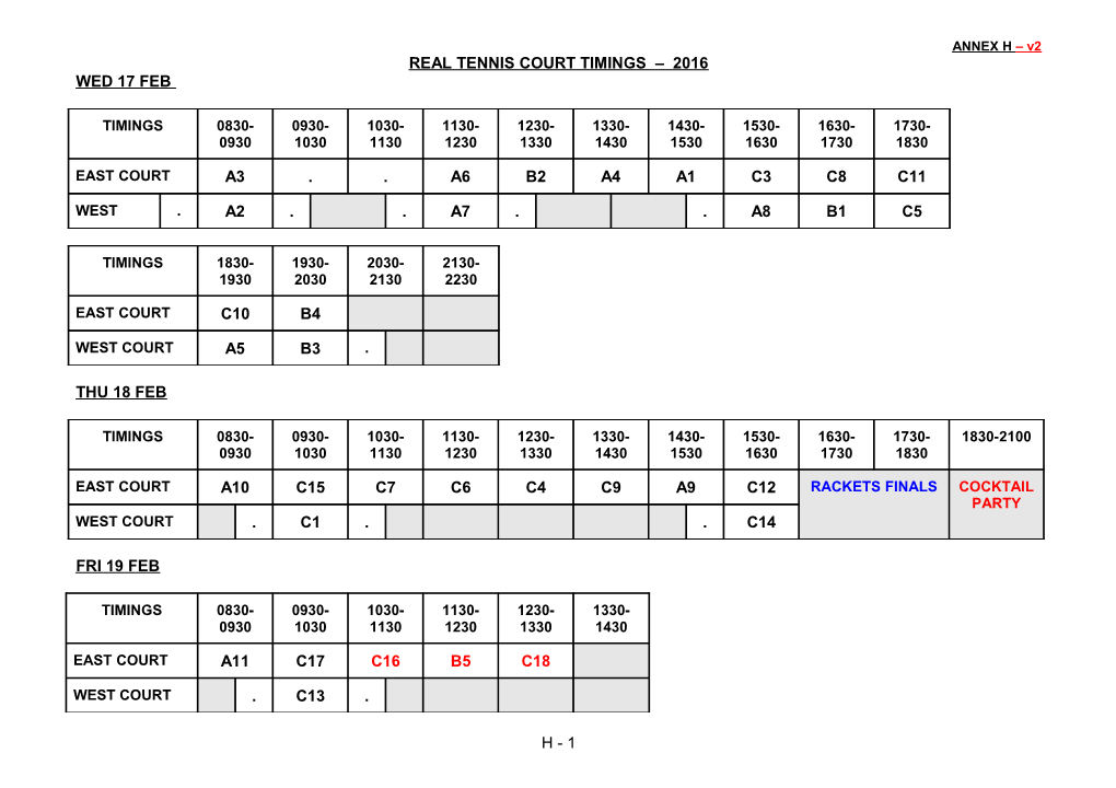 Real Tennis Court Timings 2016