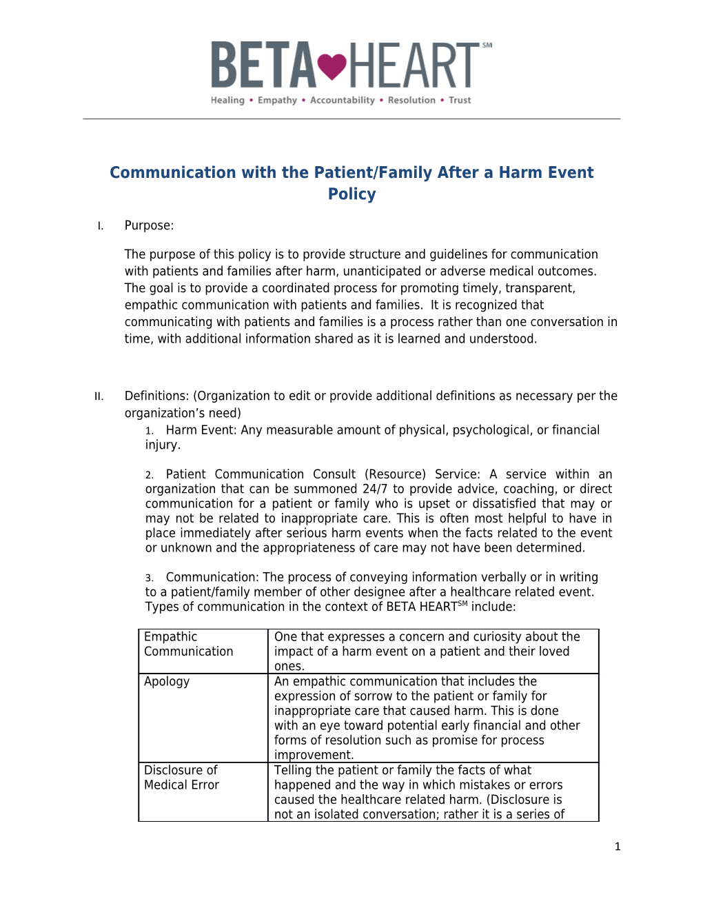 Communication with the Patient/Family After a Harm Event Policy
