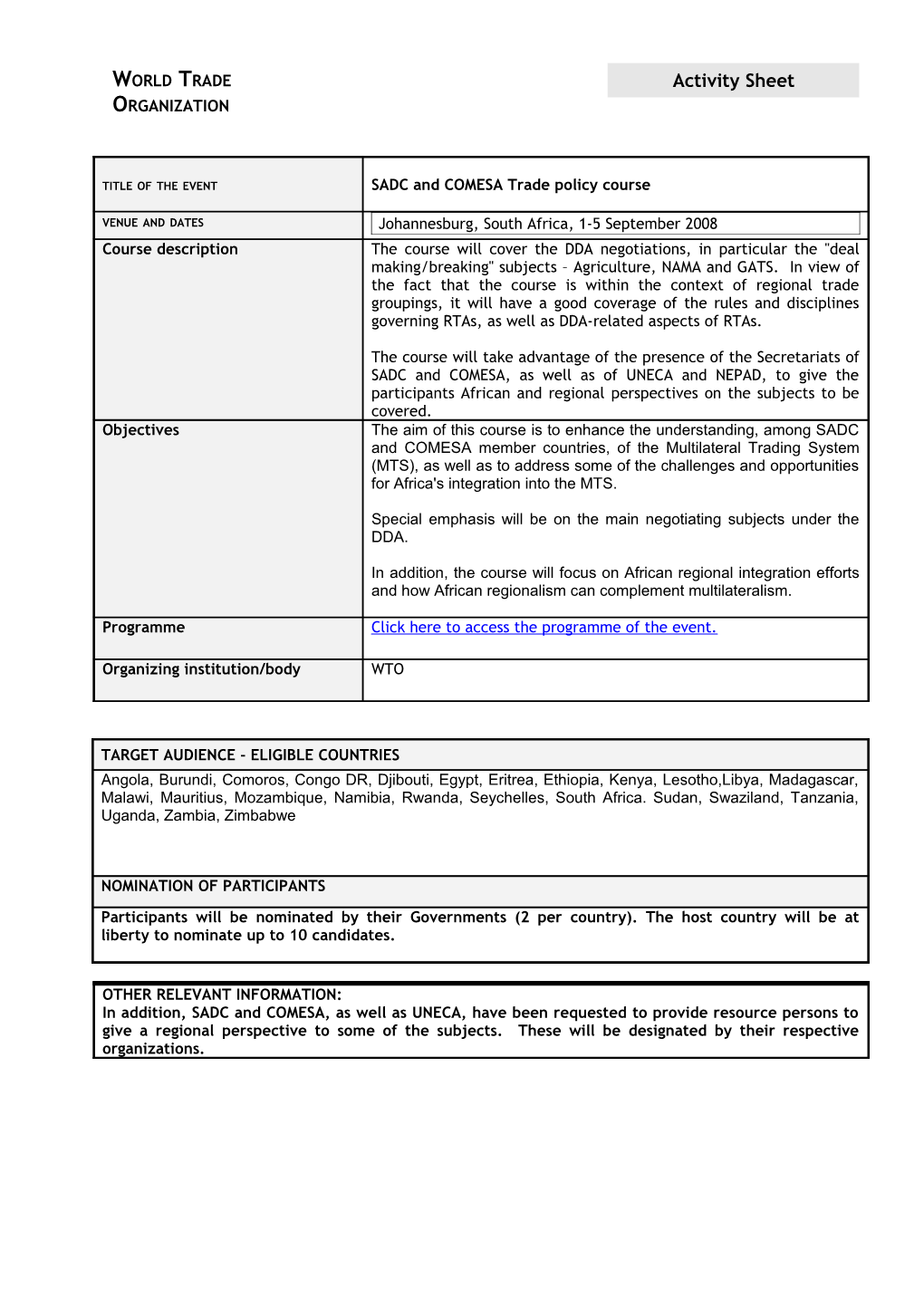 Wto/Comesa/Sadc Short Trade Policy Course