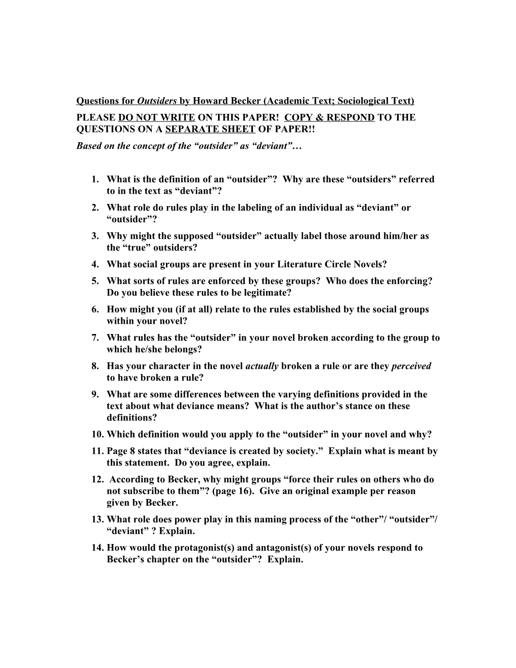 Questions for Outsiders by Howard Becker (Academic Text; Sociological Text)
