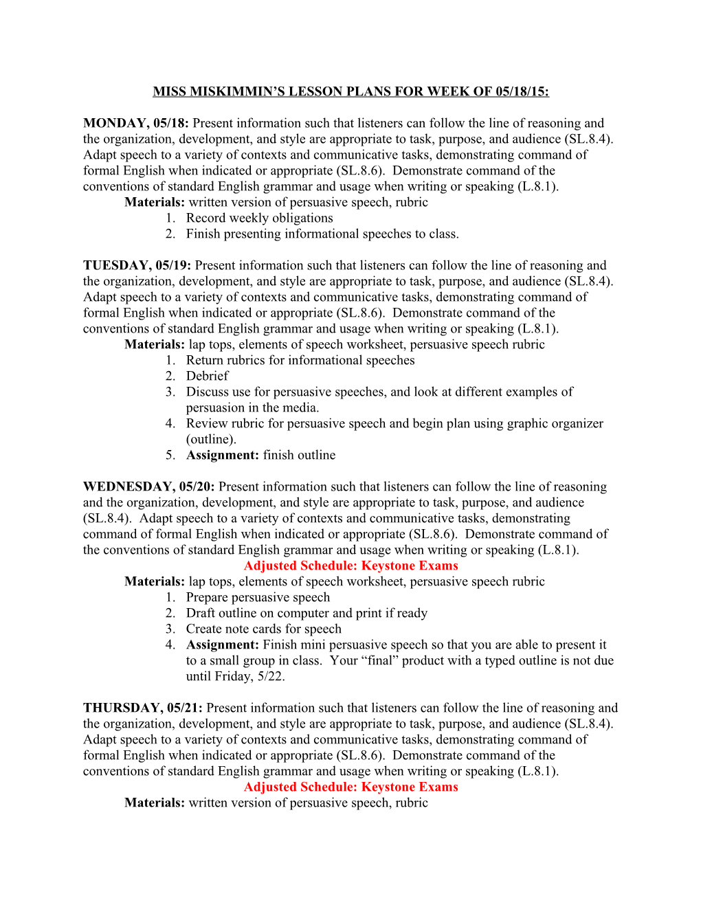 Miss Miskimmin S Lesson Plans for Week of 05/18/15