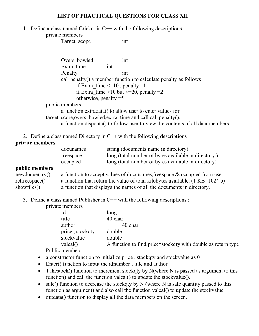 List of Practical Questions for Class Xii