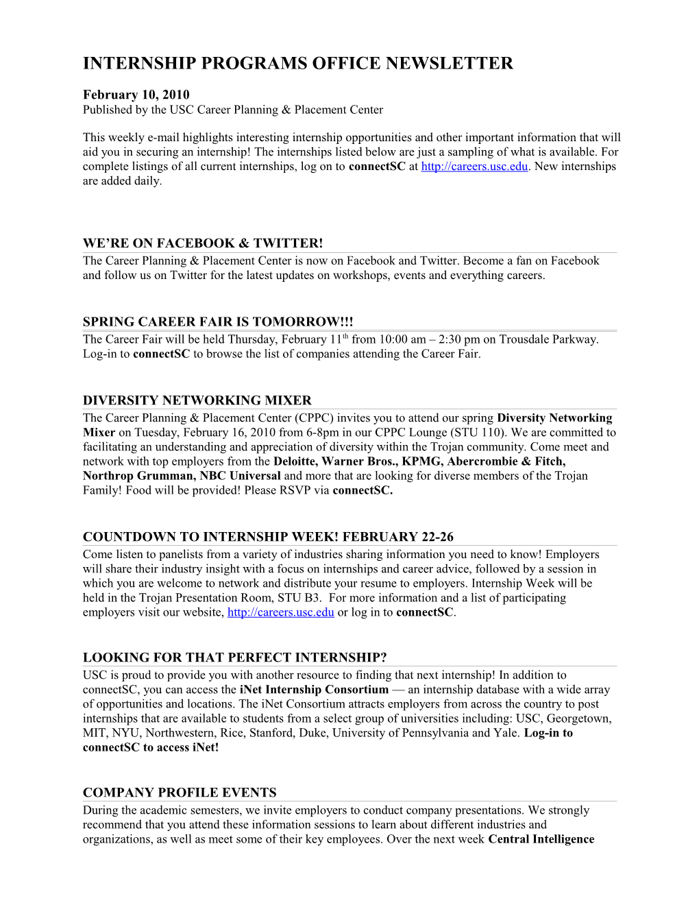 INTERNSHIP PROGRAMS OFFICE September 5, 2006