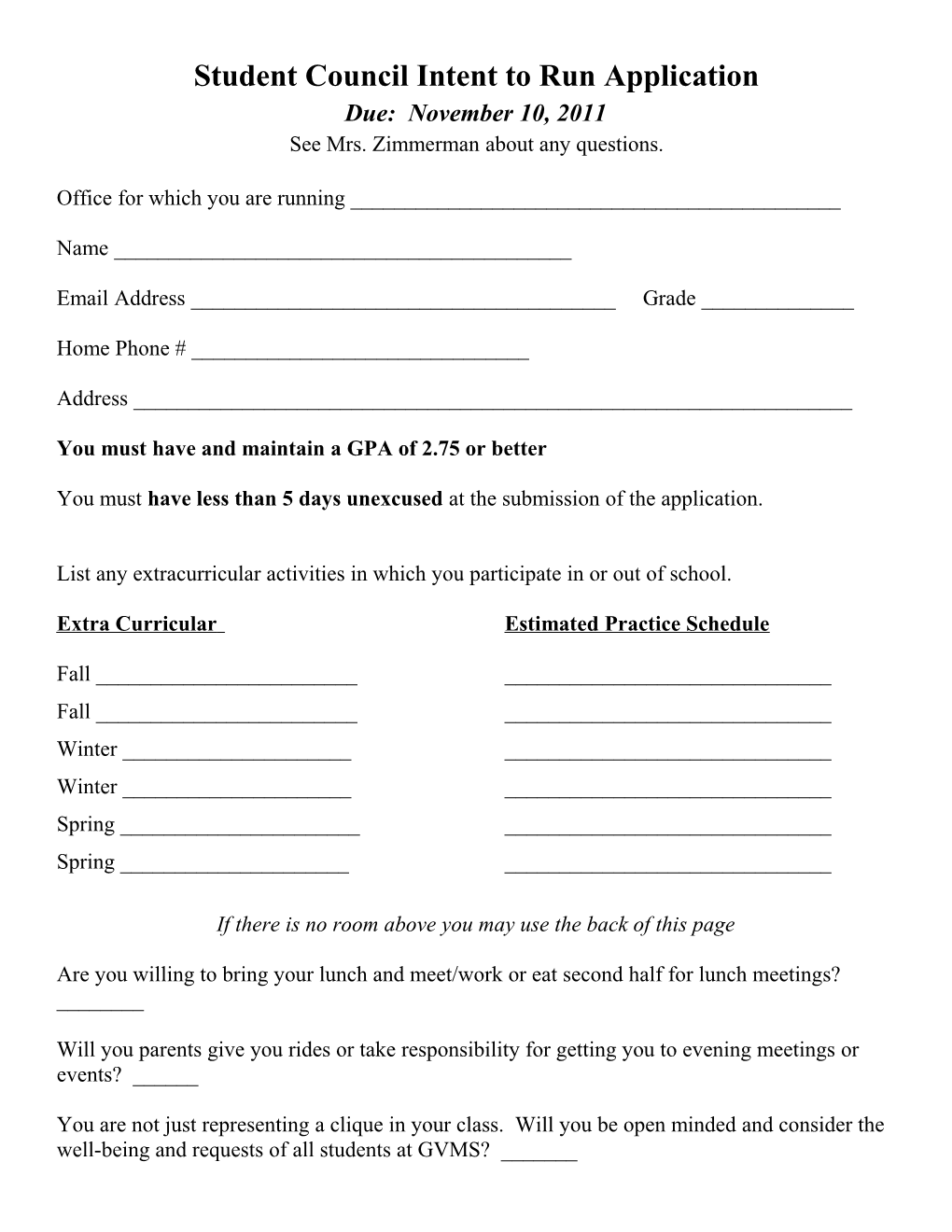 Student Council Intent to Run Application