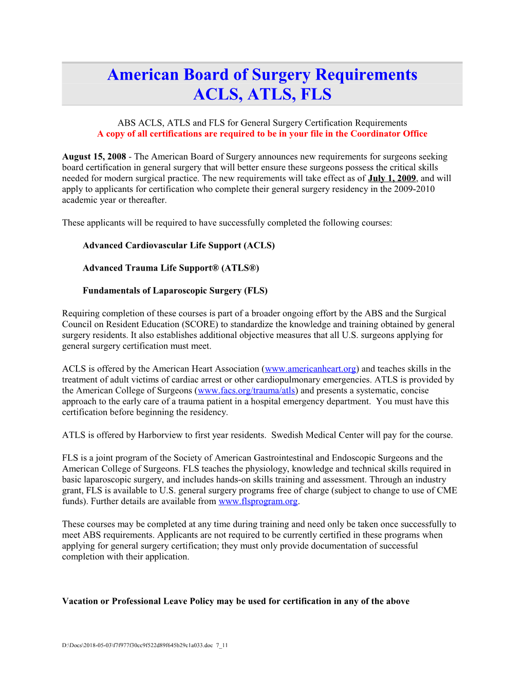 ABS ACLS, ATLS and FLS for General Surgery Certification Requirements