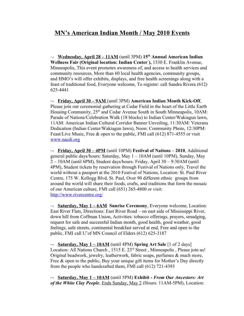 MN S American Indian Month / May 2010 Events