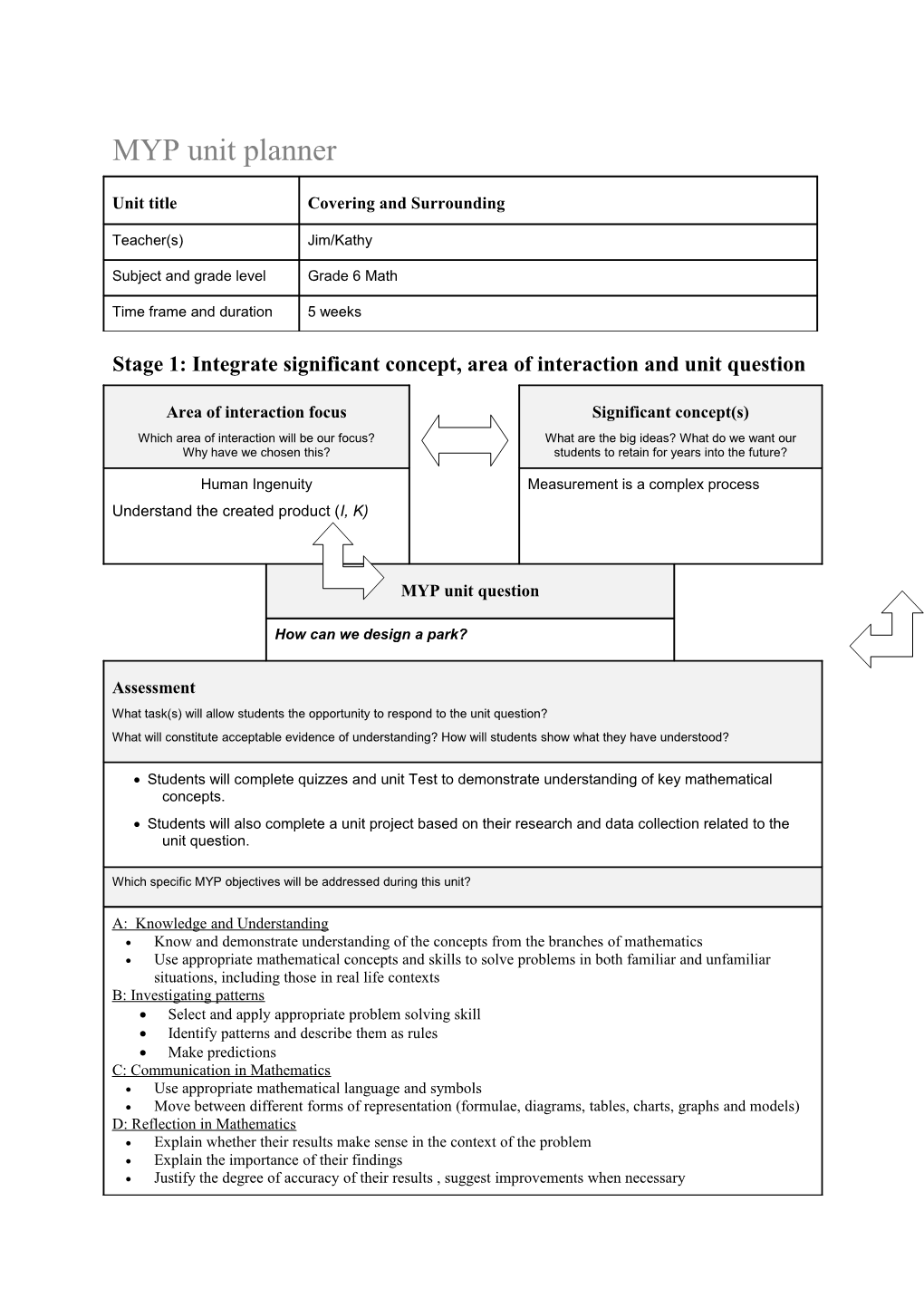 Stage 1: Integrate Significant Concept, Area of Interaction and Unit Question s1