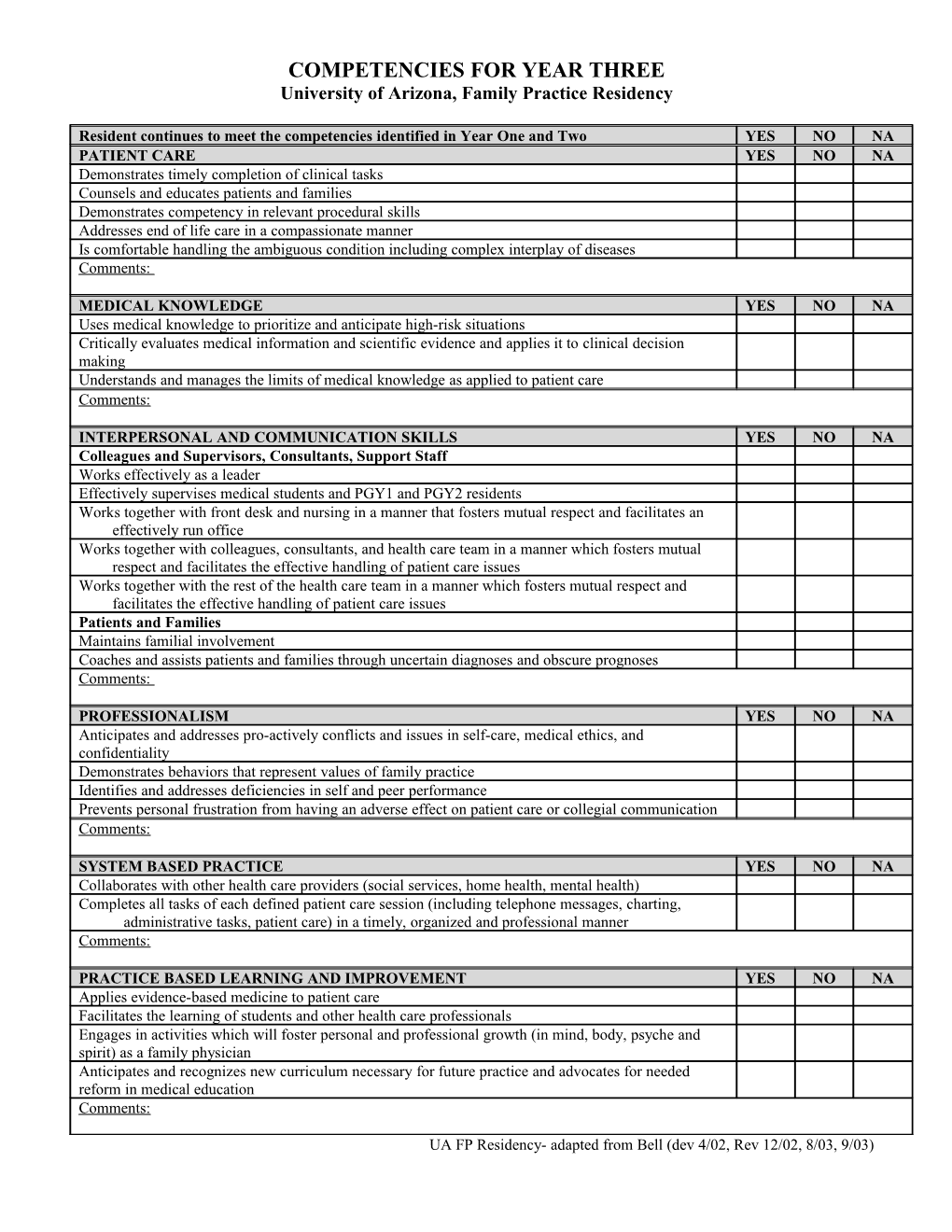 Competencies for Year Two and Three