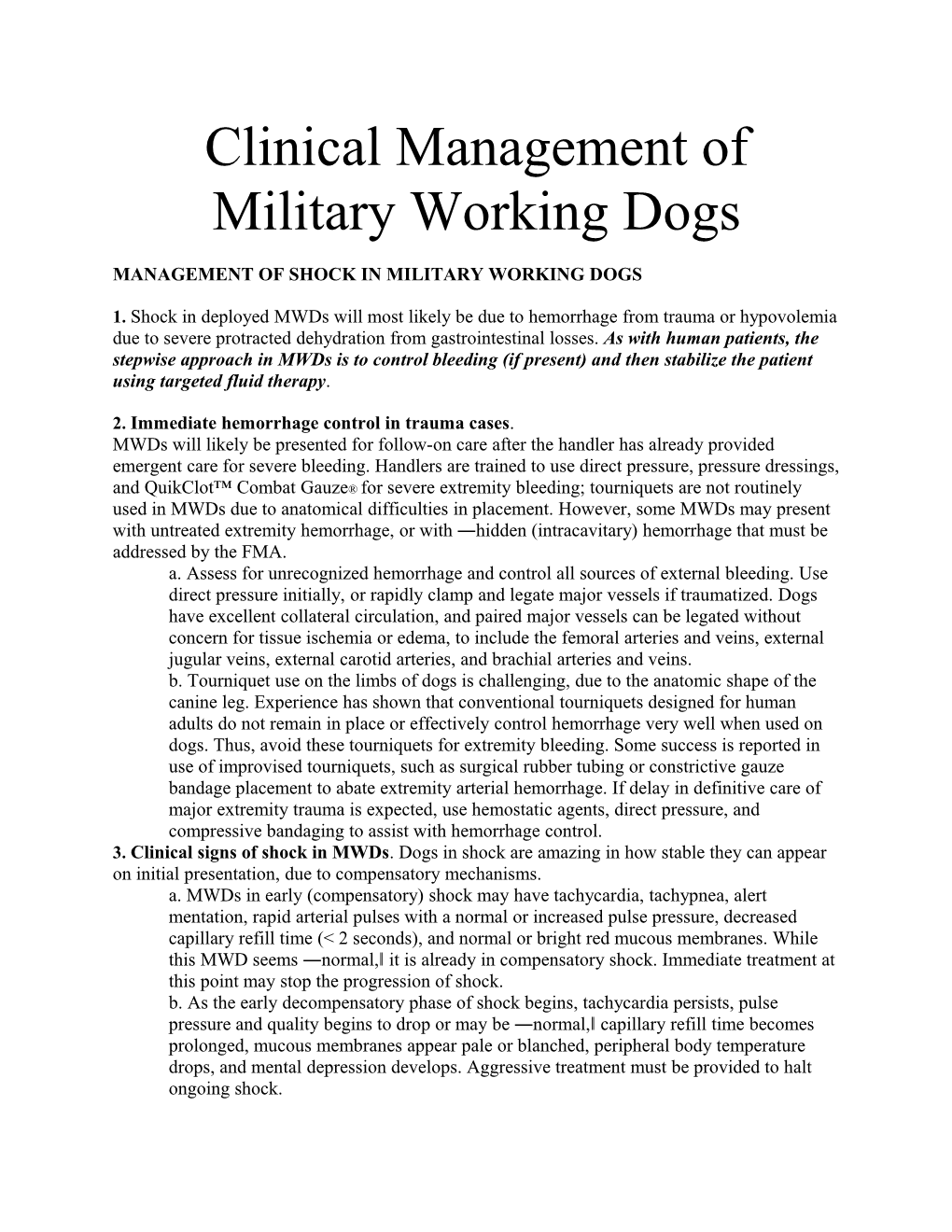 Management of Shock in Military Working Dogs