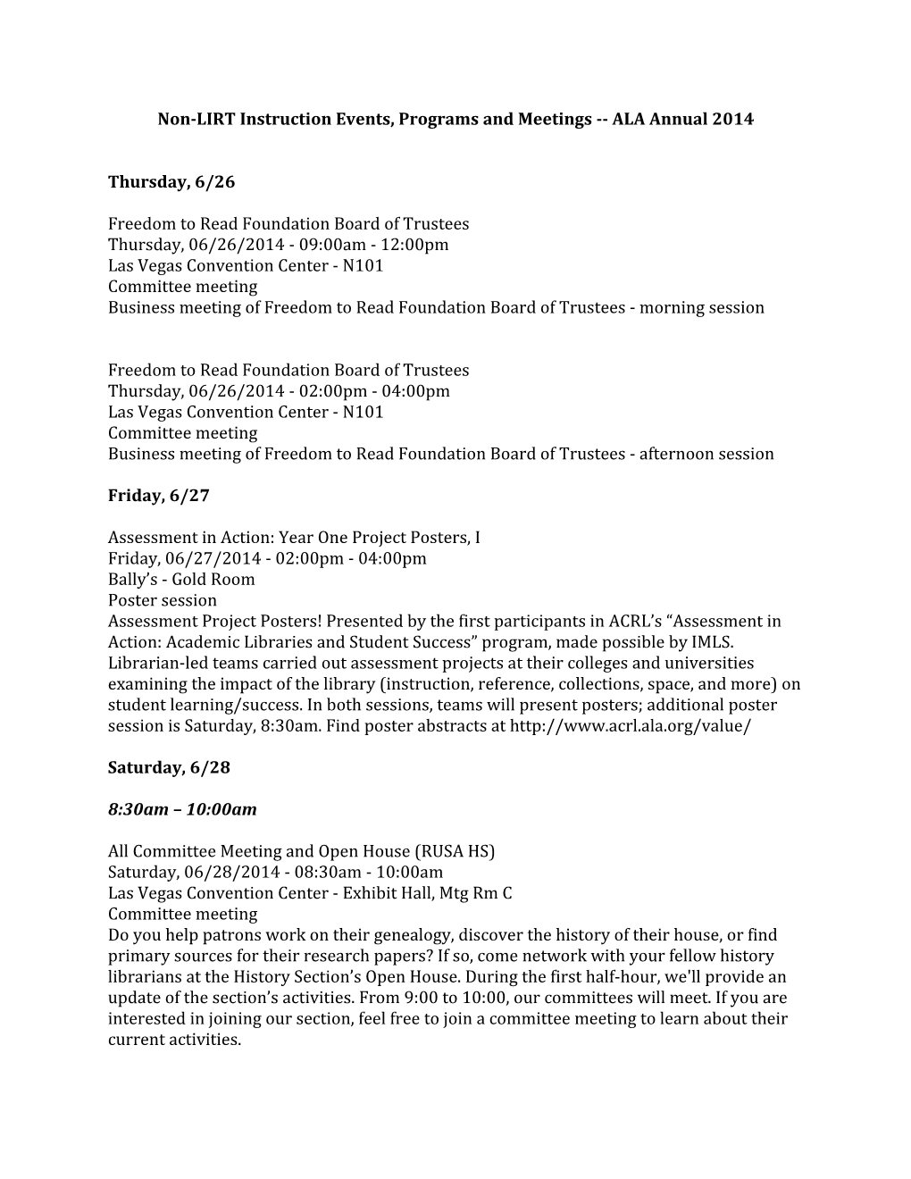 Non-LIRT Instruction Events, Programs and Meetings ALA Annual 2014