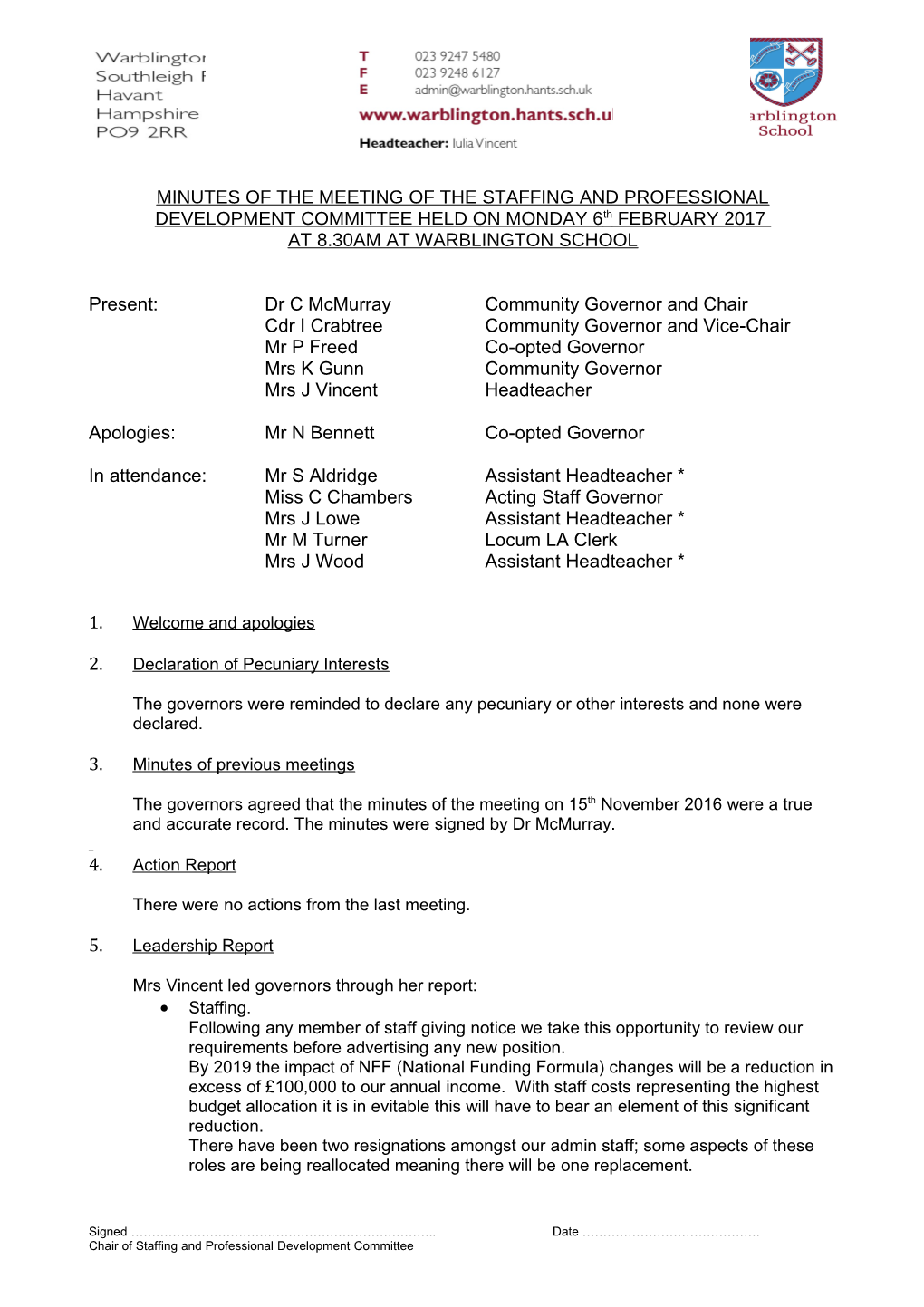 Warblington School Staffing and Professional Development Committee - Minutes of Meeting