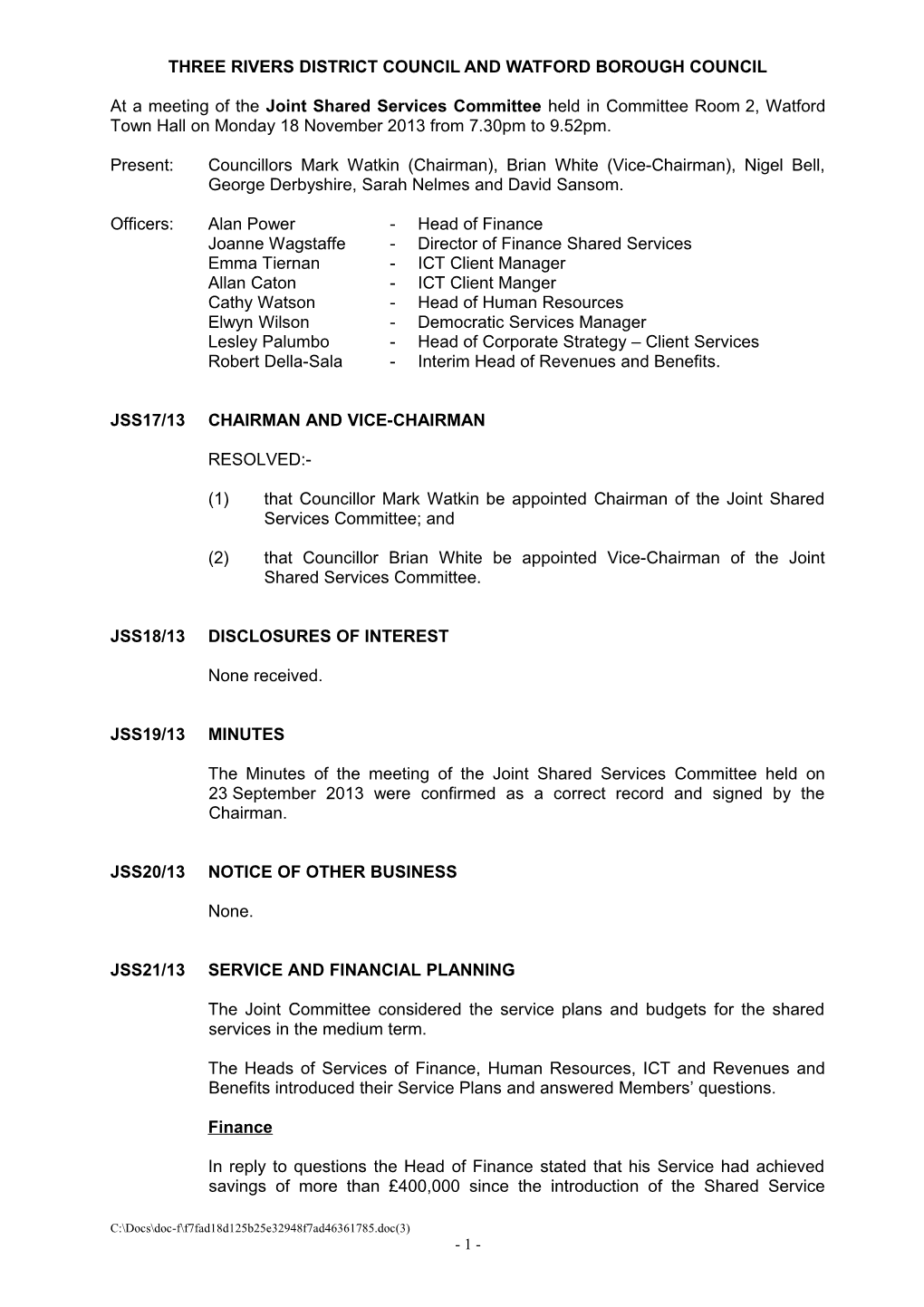 Minutes: Joint Shared Services Cttee 18.11.13