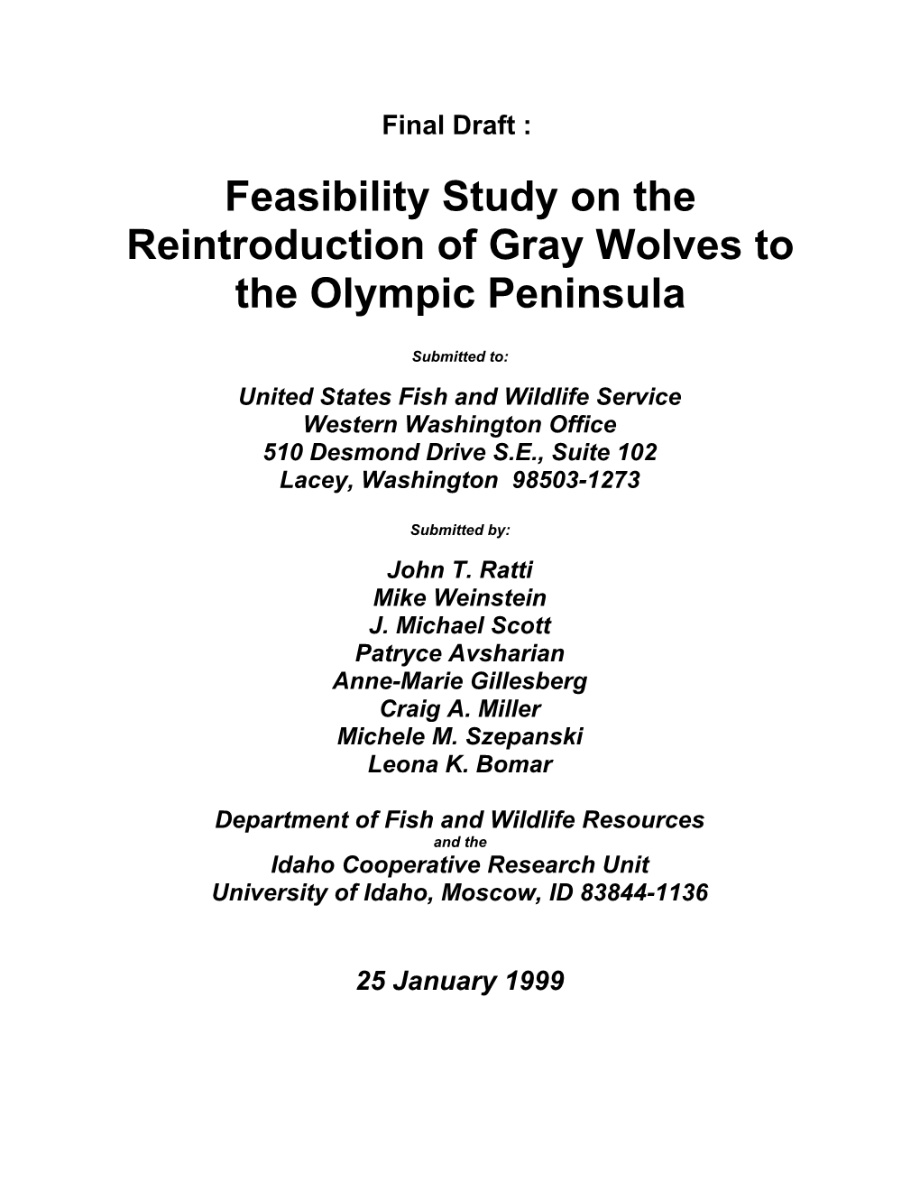 Olympic Peninsula Wolf Reintroduction Feasibility Study