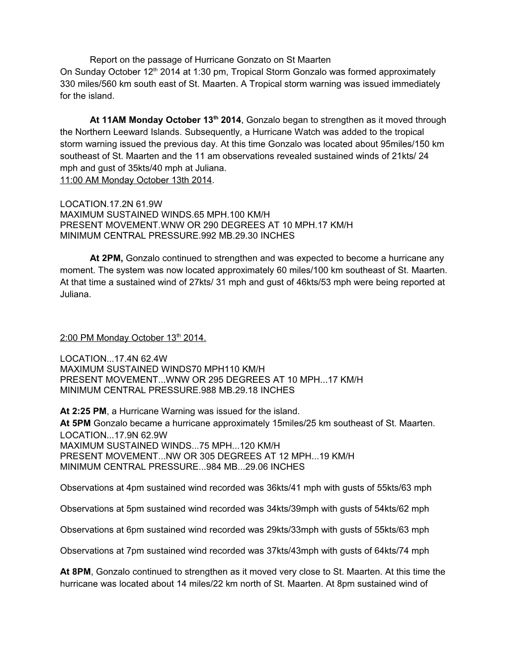 Report on the Passage of Hurricane Gonzato on St Maarten