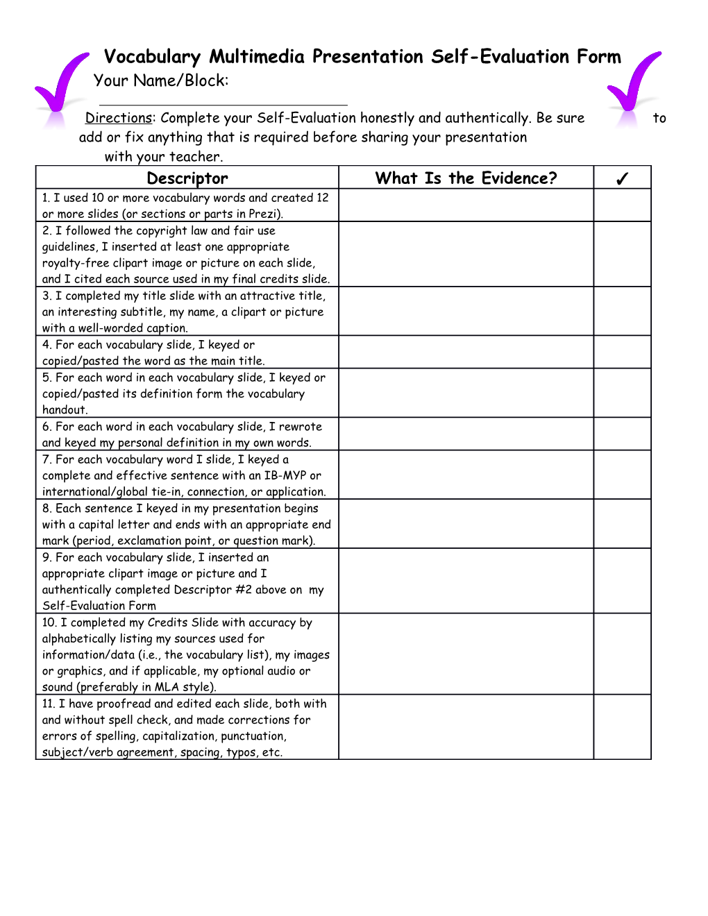 Vocabulary Multimedia Presentation Self-Evaluation Form