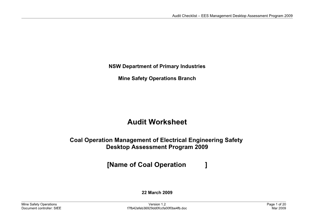 Audit Checklist EES Management Desktop Assessment Program 2009